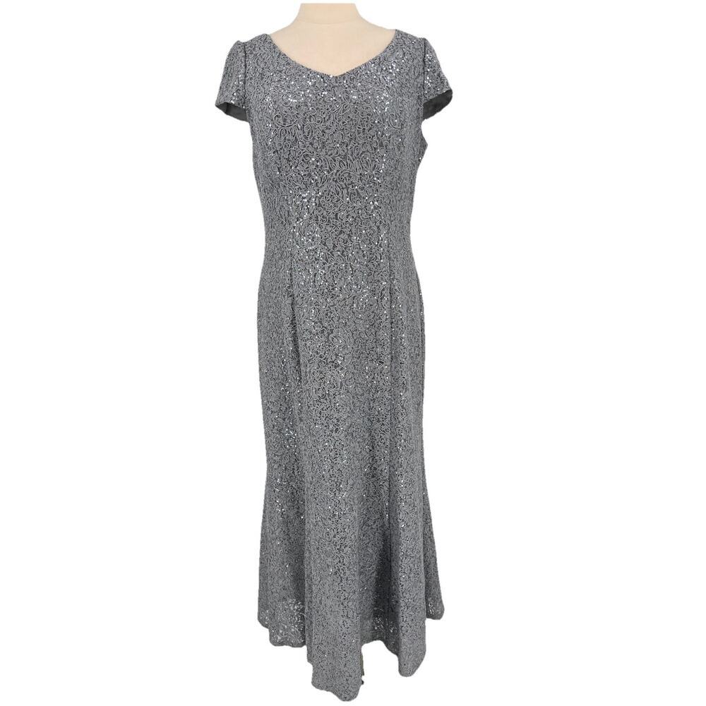 Alex Evenings Womens Gray Sequined Lace Formal Dress Mother of the Bride Size 18